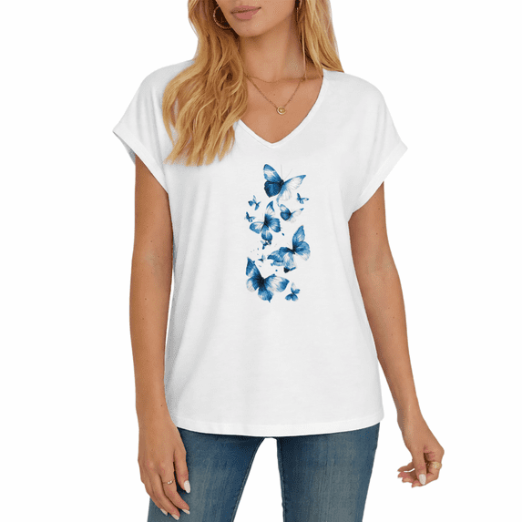 Cozymy Women's Watercolor Blue Butterfly Graphic V-Neck Short Sleeve T-Shirt Nature Casual Tee