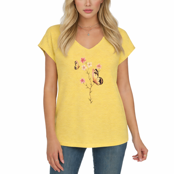 Cozymy Women's Watercolor Cherry Blossom and Butterfly Graphic V-Neck Short Sleeve T-Shirt Floral Nature Casual Tee