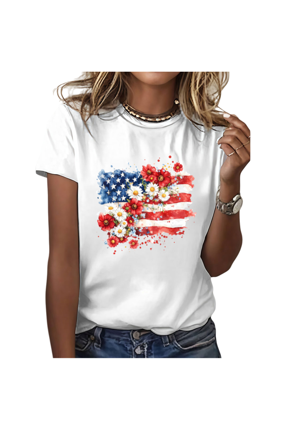 Women's Watercolor Floral American Flag Graphic Short Sleeve T-Shirt Soft Crewneck Casual Summer Everyday Top