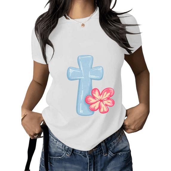 Cozymy Women's Watercolor Floral Cross Graphic Short Sleeve Crewneck T-Shirt Casual Cotton Tee