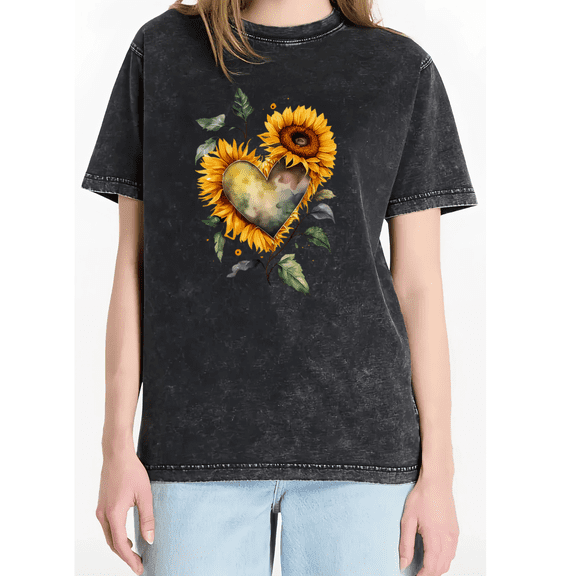 Cozymy Women's Watercolor Heart Sunflower Floral Vintage Washed Crewneck Casual Short Sleeve Loose Fit T-Shirt
