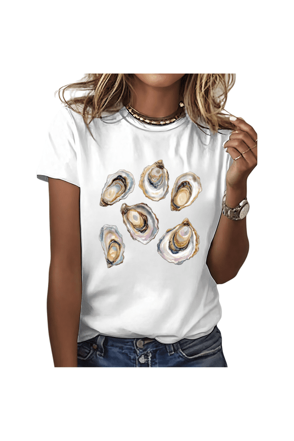 Women's Watercolor Iridescent Six Oyster Cluster Graphic Short Sleeve T-Shirt Soft Crewneck Coastal Casual Top