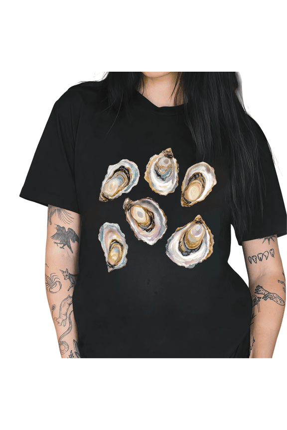 Women's Watercolor Iridescent Six Oyster Cluster Graphic Short Sleeve T-Shirt Soft Crewneck Coastal Casual Top