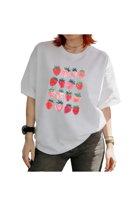 Women's Watercolor Pink Red Strawberry Cluster Fruit Botanical Graphic Short Sleeve T‑Shirt Sweet Summer Girly Tees
