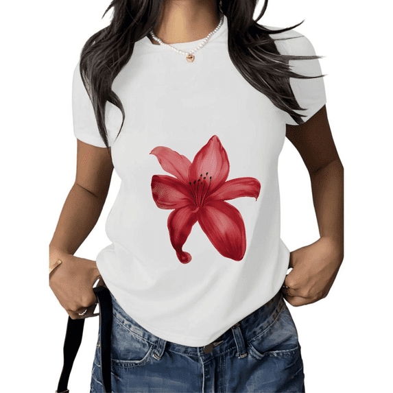 Cozymy Women's Watercolor Red Lily Floral Graphic Short Sleeve Crewneck T-Shirt Casual Cotton Tee