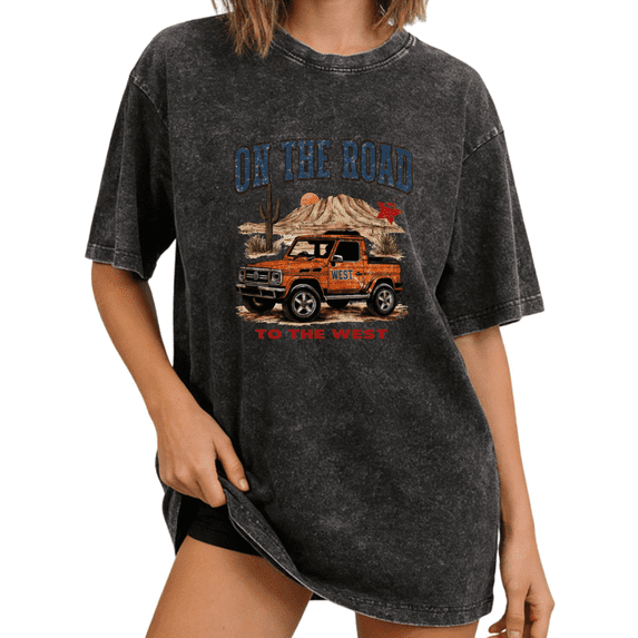 Cozymy Women's Western Desert Car Graphic Vintage Washed T-Shirt Short Sleeve Crewneck Distressed Relaxed Fit Road Trip Adventure Tee S-2XL