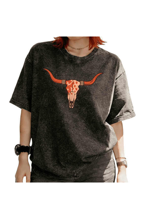 Women's Western Leopard Print Longhorn Skull Graphic Washed Short Sleeve T-Shirt Relaxed Everyday Tees Tops