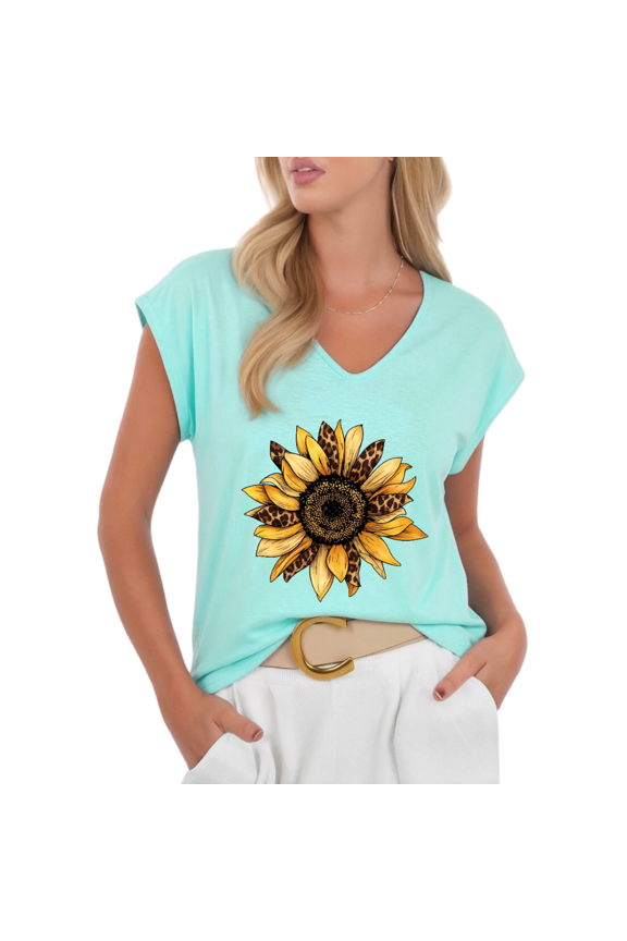 Women's Western Leopard Sunflower V-Neck Sleeveless T-Shirt Relaxed Fit Blouse