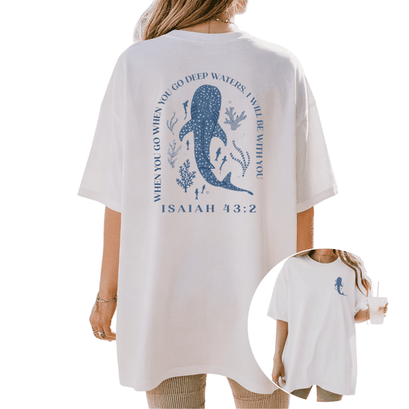 Cozymy Women's Whale Shark Ocean Isaiah 43:2 Bible Verse Christian Graphic Crewneck Short Sleeve T-Shirt Casual Oversized Loose Fit Soft Sea Faith Inspirational Casual Daily Tee Top