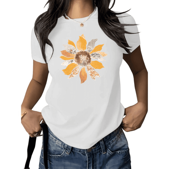 Cozymy Women's White Boho Sunflower T-Shirt Paisley Floral Vintage Short Sleeve Crewneck Top S-5XL