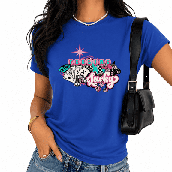 Cozymy Women's White Feeling Lucky T-Shirts Retro Y2K Casino Dice and Cards Print Short Sleeve Tops