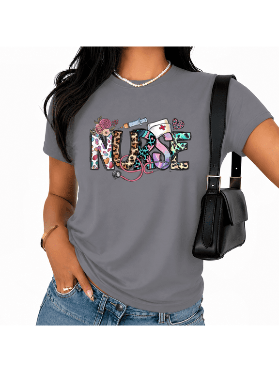 Women's White Floral Nurse T-Shirts Colorful Medical Graphic with Leopard Print Tops