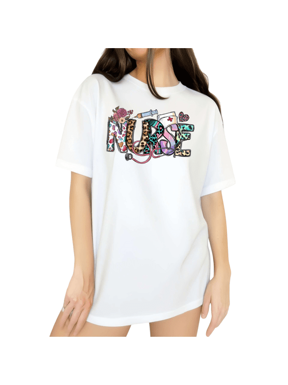 Women's White Floral Nurse T-Shirts Colorful Medical Graphic with Leopard Print Tops