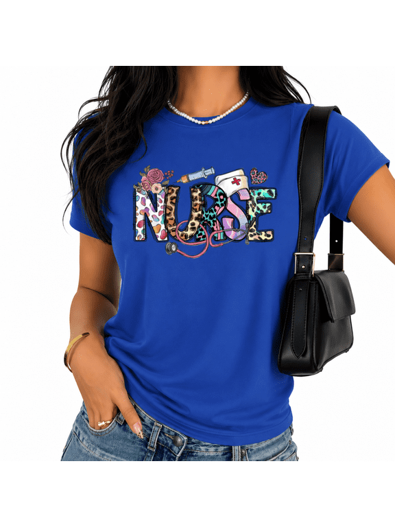 Women's White Floral Nurse T-Shirts Colorful Medical Graphic with Leopard Print Tops