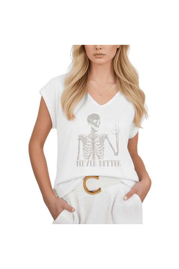 Women's White Funny Never Better Skeleton V-Neck Sleeveless Casual Tank Top