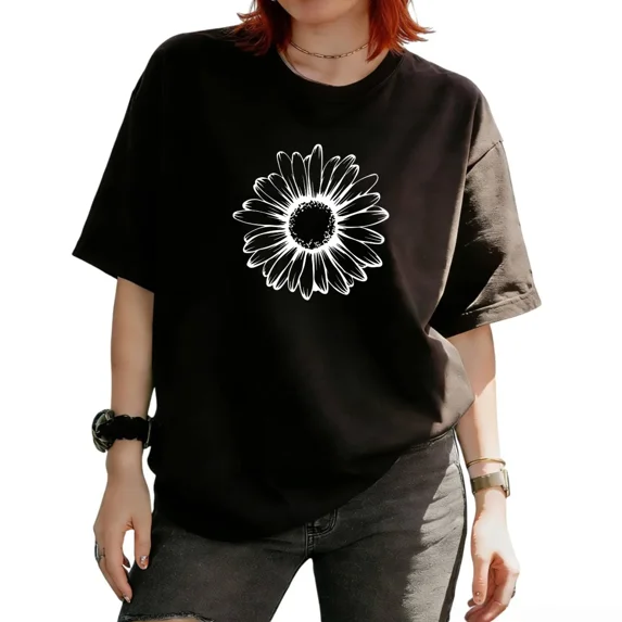 Cozymy Women's White Line Art Single Daisy Floral Botanical Graphic Short Sleeve T‑Shirt Relaxed Fit Casual Tees Tops