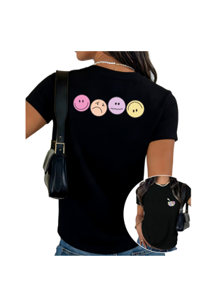 Women's White Mental Wellness T-Shirts Colorful Expression Faces Back Print Summer Tops