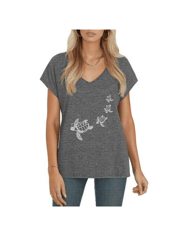 Women's White Sea Turtle Family Graphic V-Neck Short Sleeve T-Shirt Casual Comfortable Top