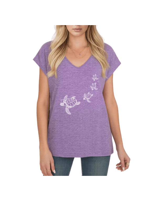 Women's White Sea Turtle Family Graphic V-Neck Short Sleeve T-Shirt Casual Comfortable Top