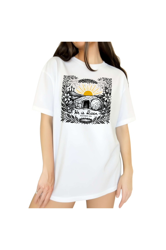 Women's Wild Meadow Easter Sepulchar Thorn Wreath Floral Redemption Scripture Graphic Short Sleeve Crewneck white Tops