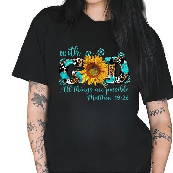 Cozymy Women's With God All Things Are Possible Sunflower Leopard Cow Print Faith Quote Short Sleeve Religious T-Shirt
