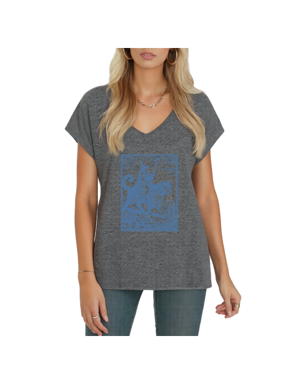 Women's Wizard Riding Giant Cat Vintage Engraving Graphic V-Neck Dolman Short Sleeve Casual Fantasy Witchy T-Shirt