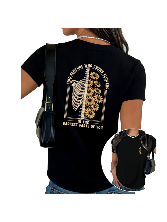 Women's Worn Faded Vintage Dark Soul Floral Rib Skeleton Sunflower Inspirational Graphic Short Sleeve T-Shirts Black Tops