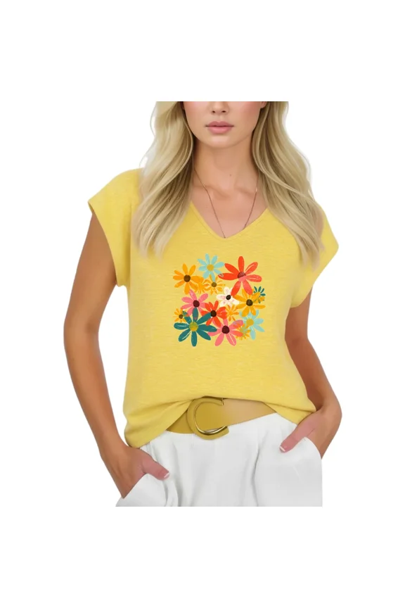 Women's Yellow Colorful Daisy Floral V-Neck Sleeveless T-Shirt Casual Art Top