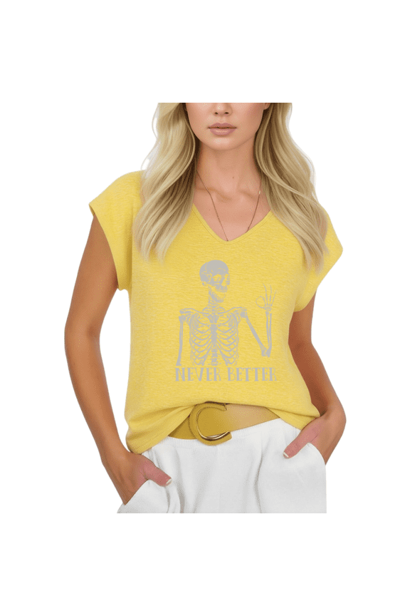 Women's Yellow Humorous Skeleton Never Better V-Neck Sleeveless Summer Tank Top