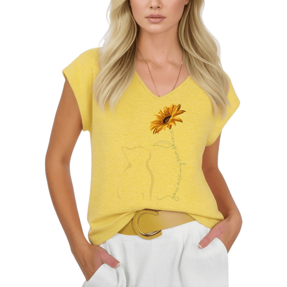 Cozymy Women's You Are My Sunshine Cat Sunflower V-Neck Sleeveless Tank Top Lightweight Casual Tee
