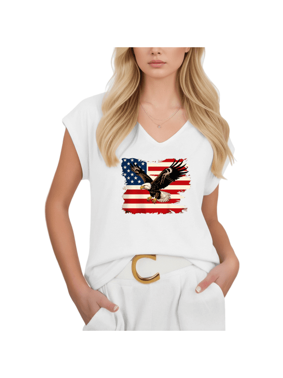 Womens American Flag Eagle Tshirt V Neck Short Sleeve Patriotic Graphic Tees Casual USA Shirts Tops