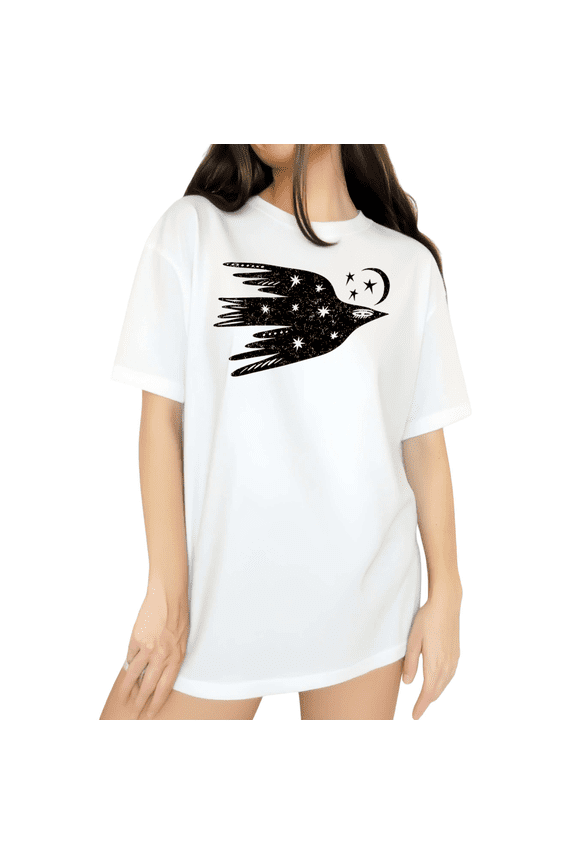 Womens Celestial Bird Moon Star Graphic Short Sleeve Crewneck T-Shirt S-5XL White Tops