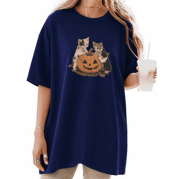 Cozymy Womens Cute Cat Pumpkin Lantern Graphic Tee Autumn Halloween Inspired Short Sleeve Top Seasonal Everyday Gift Navy Blue,L