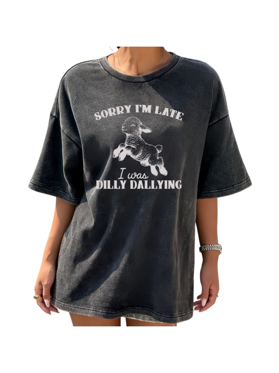 Womens Cute Lamb Quote Illustration Art Vintage Washed T-Shirt Short Sleeve Loose Fit Black S-5XL Tops