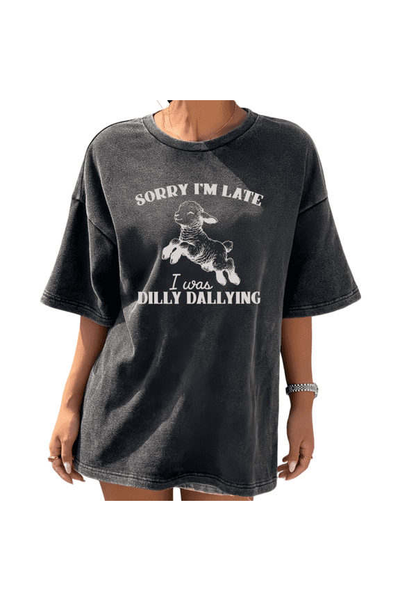 Womens Cute Lamb Quote Illustration Art Vintage Washed T-Shirt Short Sleeve Loose Fit Black S-5XL Tops