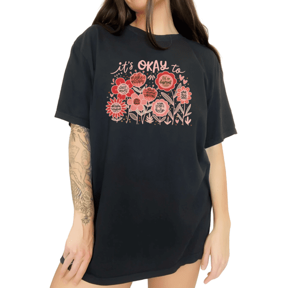 Cozymy Womens Floral Positive Affirmation Graphic Short Sleeve T-Shirt S-5XL Black Tops