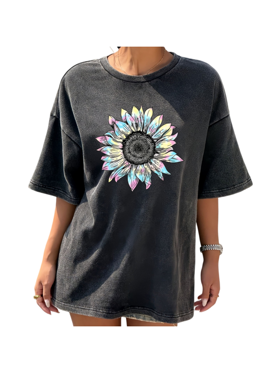 Womens Garment Washed T-Shirt Watercolor Sunflower Graphic Dreamy Floral Black Slouchy Fit S-2XL Tops