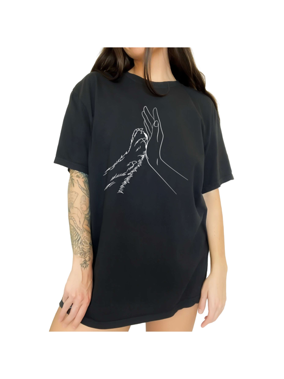 Womens Minimalist Boho Cat High Five Print Black Serene Graphic Short Sleeve T-Shirt Tops