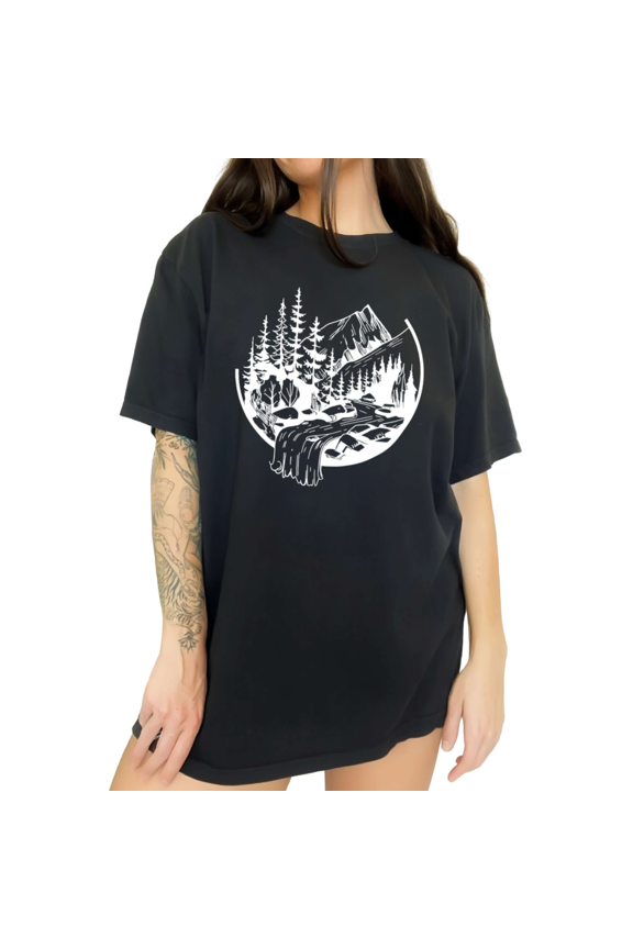 Womens Outdoor Explorer River Forest Print Short Sleeve Crewneck T-Shirt S-5XL Black Tops