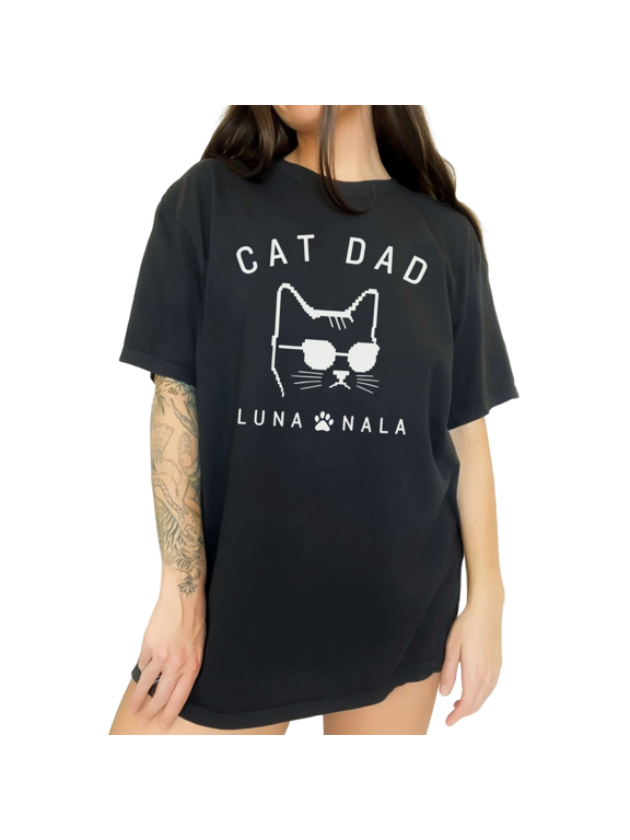 Womens Print Black Adorable Feline Parent Graphic Short Sleeve T-Shirt Tops