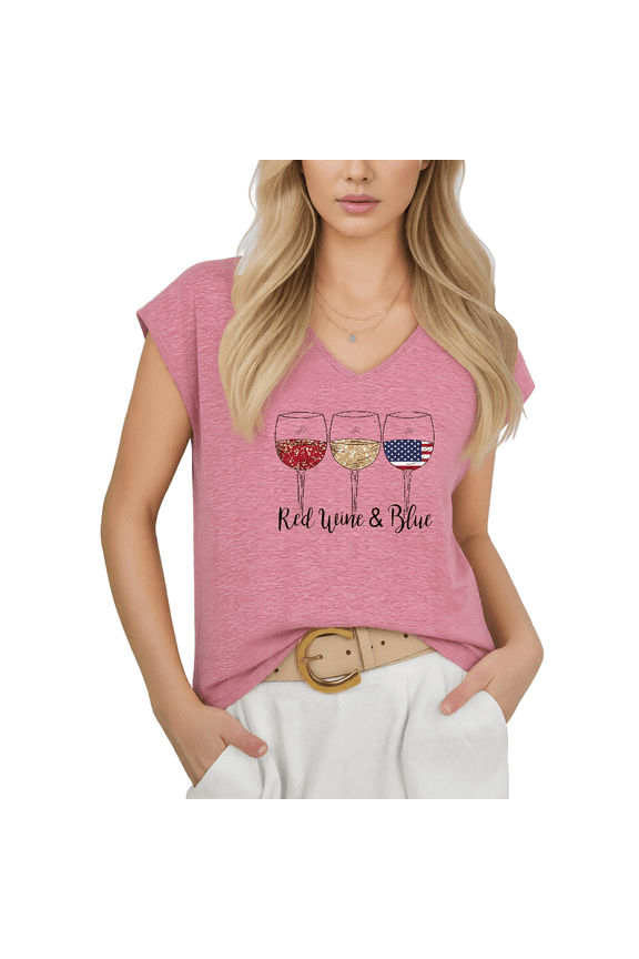 Womens Red Wine and Blue Graphic Tshirt V Neck Short Sleeve Cute Minimalist Graphic Tees Summer Shirts Tops