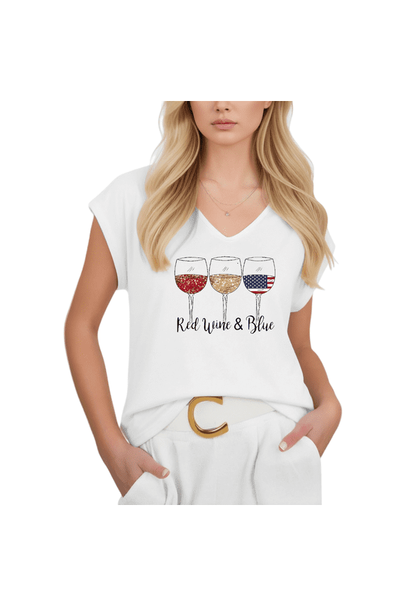 Womens Red Wine and Blue Tshirt V Neck Short Sleeve Minimalist Patriotic Graphic Tees Casual Shirts Tops