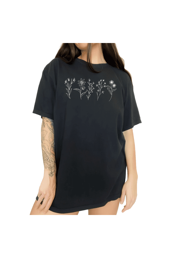 Womens Simple Flower Silhouette Statement Graphic Short Sleeve Crewneck T-Shirt S-5XL Black Tops