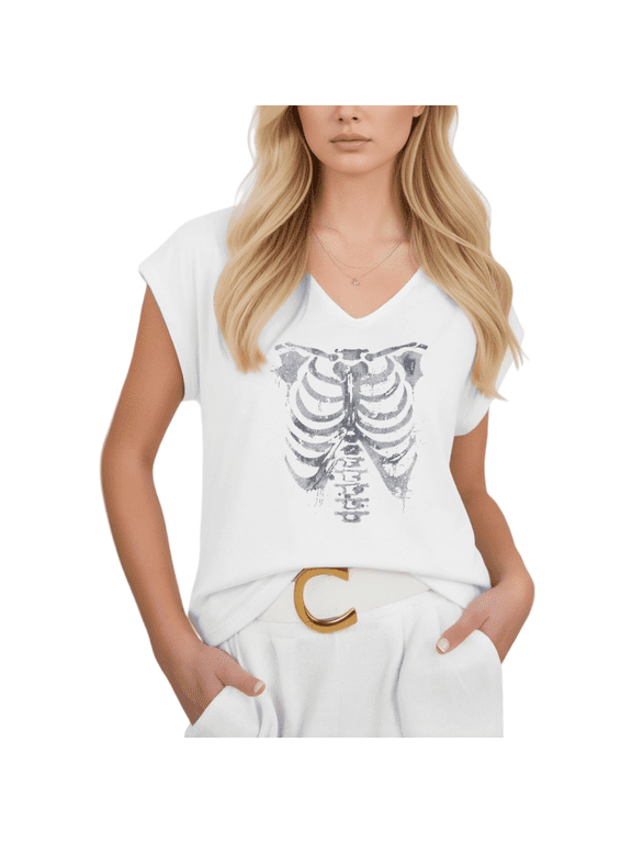 Womens Skeleton Rib Cage Graphic Tshirt V Neck Sleeveless Tshirt Graphic Tees Shirts Casual Summer Anatomy Style Tops S 5XL