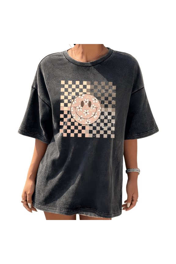 Womens T-Shirt Retro Neutral Tone Checkered Print Vintage Washed Short Sleeve Relaxed Fit Black S-5XL Tops