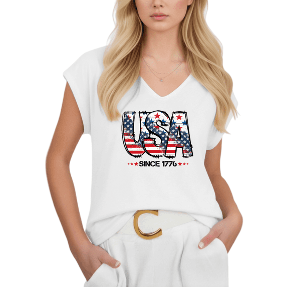 Cozymy Womens USA Tshirt V Neck Short Sleeve Patriotic Graphic Tees Since 1776 American Flag Shirts Tops