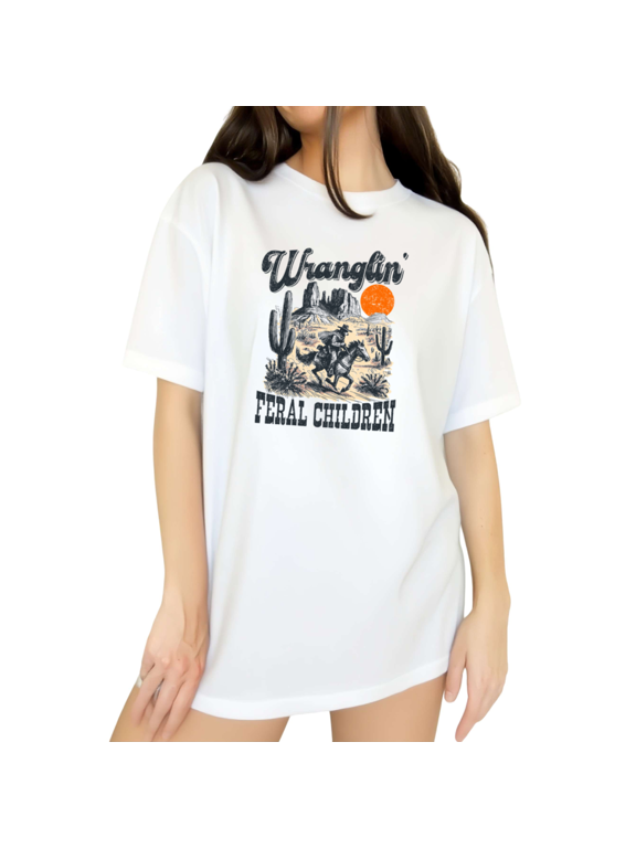 Womens Vintage Cactus Cowboy Graphic Short Sleeve T-Shirt S-5XL White Tops
