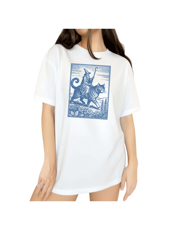 Womens Vintage Woodcut Wizard Cat Print Tshirt White S-5XL Enchanted Graphic Tees Shirts Tops