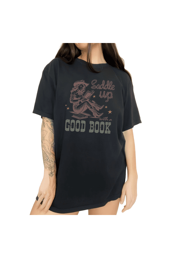 Womens Western Bookworm Cowgirl Graphic Short Sleeve T-Shirt S-5XL Black Tops