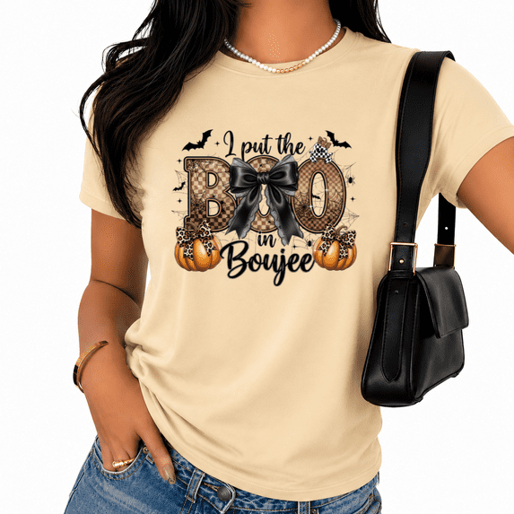 Cozymy i put the BOO in Boujee Halloween Graphic Tee Short Sleeve Crew Neck Holiday Print Shirt